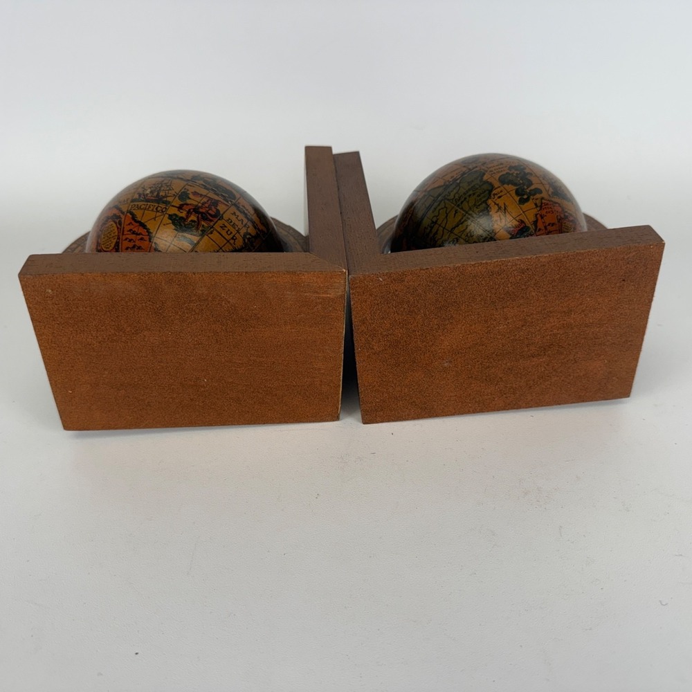 Vintage Pair of Zona Torrida Desktop Bookcase Wood Globe Book Ends Made in Italy - Picture 5 of 5